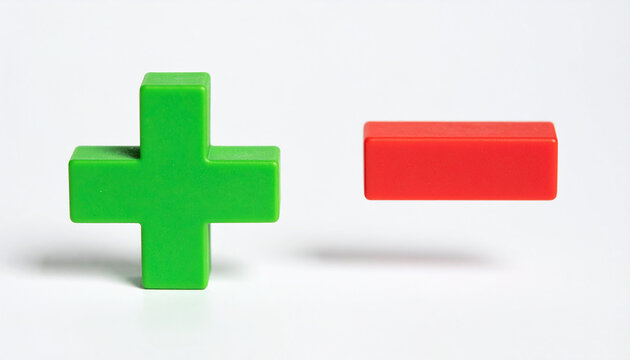 Bright green plus and red minus 3D icons. Minimalistic design. Isolated on white backdrop.