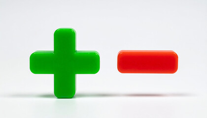 Obraz premium Bright green plus and red minus 3D icons. Minimalistic design. Isolated on white backdrop.