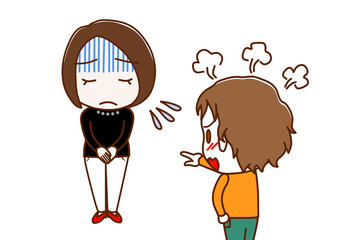 （複数）真っ青になって謝罪する女性とカンカンに怒りながら怒鳴り責める白人少年