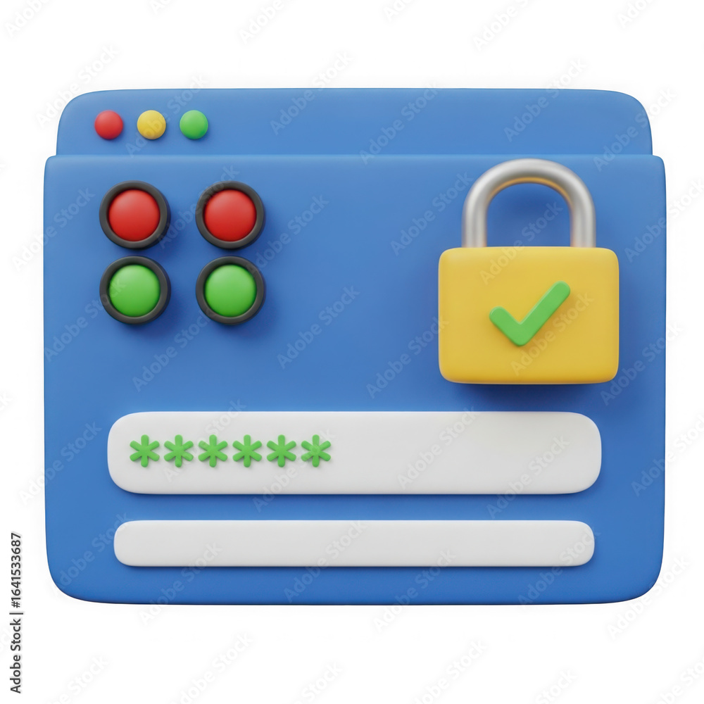 Poster 3d illustration of a blue browser window with a padlock and login fields isolated on transparent bac