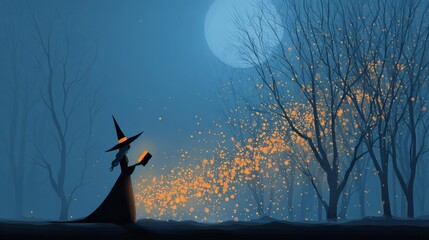 Spooky halloween mystery haunted witch with glowing spellbook in enchanted forest ghostly treats and coffee beans