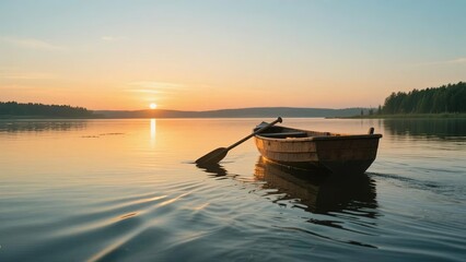 A serene wooden boat floats on calm waters at sunset, with a paddle resting on its side.