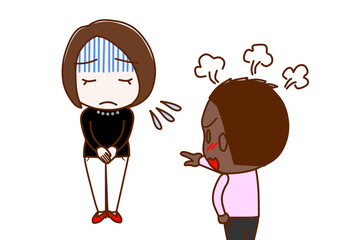 （複数）真っ青になって謝罪する女性とカンカンに怒りながら怒鳴り責めるアフリカ系少年