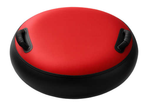 Circular snow tube with a bright red top and contrasting black grip handles