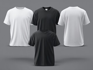 Three blank t-shirts, white, black, and white, displayed on a gray background.  Front and back views of each are visible, showcasing a classic crew neck design and short sleeves.  Realistic 3D mockup