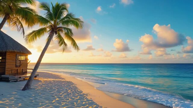 Tropischer Strand bei Sonnenuntergang mit sanften Wellen