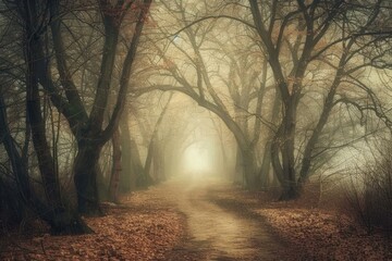 Obraz premium Scary forest path tree fog.