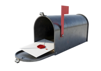 A metal mailbox with an open door revealing a letter sealed with red wax, isolated on transparent background