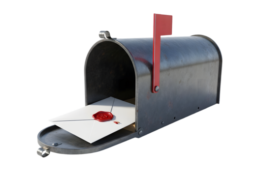 A metal mailbox with an open door revealing a letter sealed with red wax, isolated on transparent background