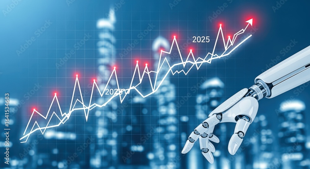 Aufkleber artificial intelligence driven growth: business analytics chart with robotic hand reaching for 2025,