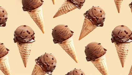 multiple chocolate ice cream cones arranged in repeating pattern on color background
