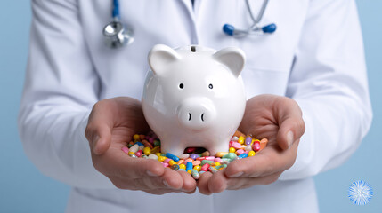 Doctor's Hands Holding Piggy Bank with Colorful Pills, Studio Setting