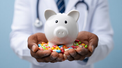 Doctor Holding Piggy Bank and Pills in Hands, Office Setting, Close-up View