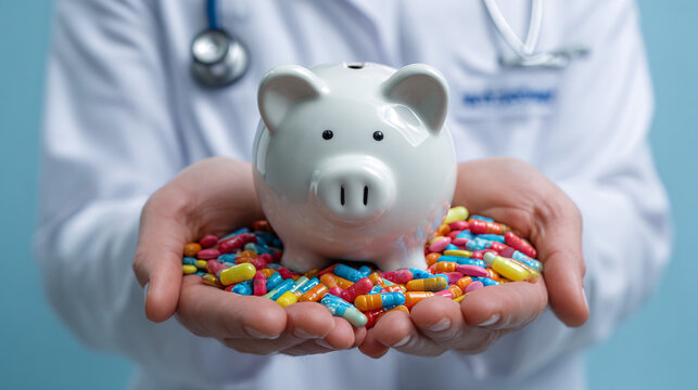 Balancing Health Costs A Doctor's Hands Holding Medication and Piggy Bank, Financial Health - Powered by Adobe