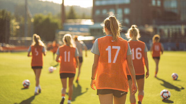 Young Female Soccer Players on Field at Sunset in Dynamic Sports Environment