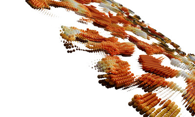 Orange and beige spheres in a dynamic 3D flow. Perfect for tech, data, or abstract design projects.