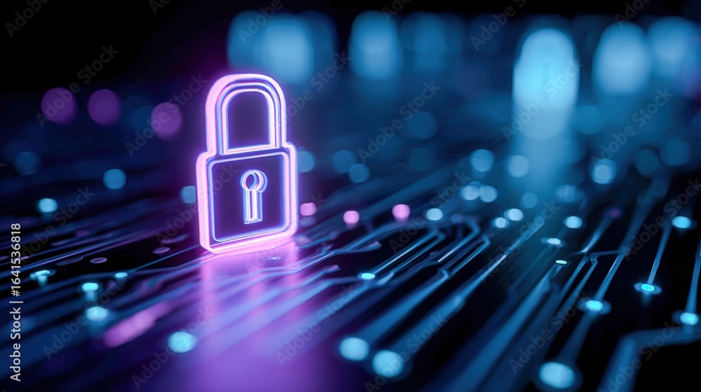 Poster glowing padlock on circuit board: cybersecurity concept for data protection and network security