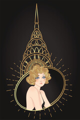 Art Deco vintage invitation template design with illustration of flapper girl over patterns and frames. Retro party background set in1920s style. Vector for glamour event, thematic wedding or jazz
