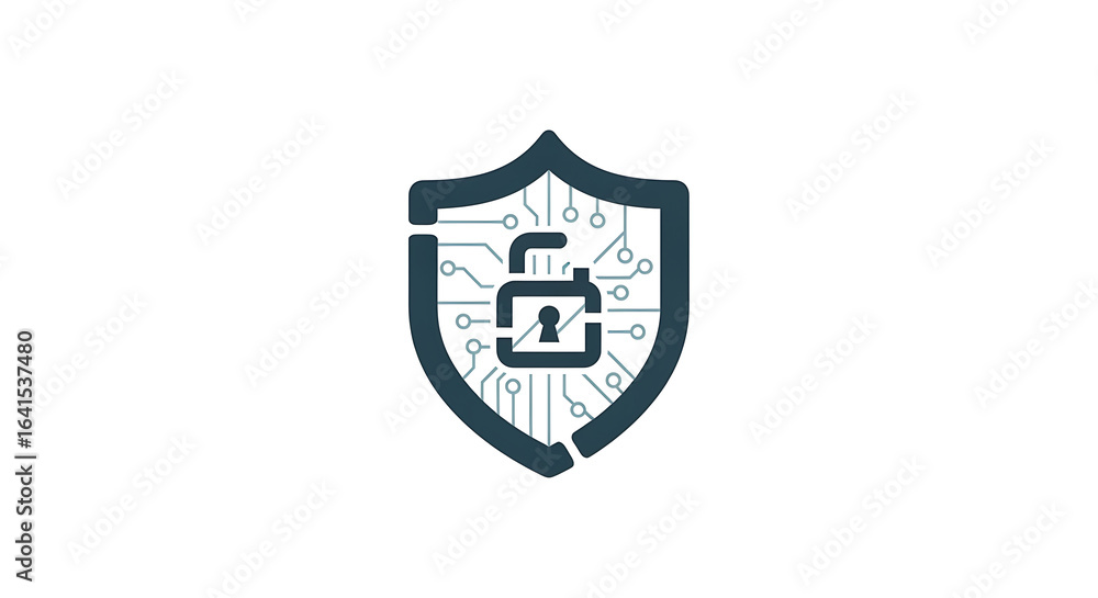Poster a digital security shield with an open padlock symbol on a white background for protection concept