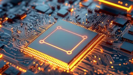 Cpu processing data on motherboard with orange glowing connections