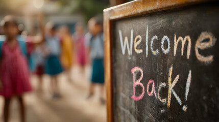 A nostalgic chalkboard with a cheerful welcome message, evoking excitement and warmth. Children joyfully gather in the background.
