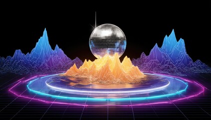Disco ball atop colorful mountains on a glowing stage