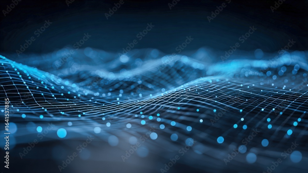 Poster abstract blue network wave: modern technology background with connected dots and lines for digital i