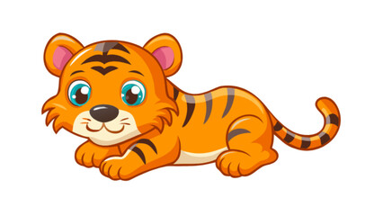 Cartoon tiger cub lying down with orange fur and black stripes in a playful pose on a white background