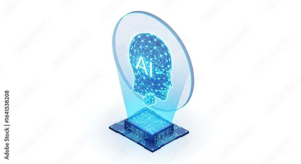 Poster ai head hologram above a microchip on a white background representing technology and innovation