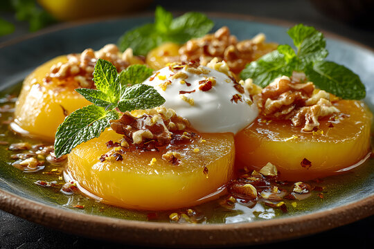 Traditional Turkish style quince dessert. The quince is cooked until soft, sherbet is poured on it, and served with cream and walnuts. It is one of the most popular Turkish desserts.(Ayva Tatlisi)