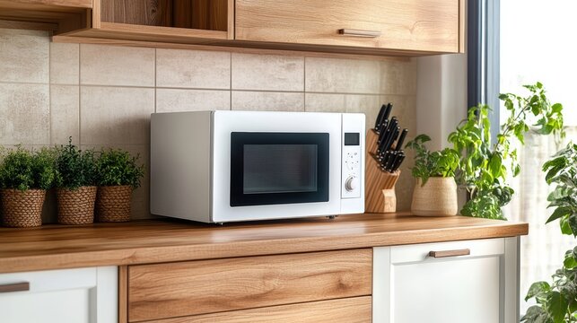 A modern kitchen scene featuring a microwave on a wooden countertop with plants and kitchen utensils in a cozy, well-lit environment.