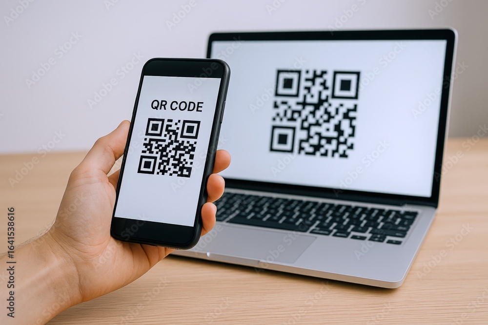 Poster scanning a qr code on a laptop screen using a mobile phone for contactless technology