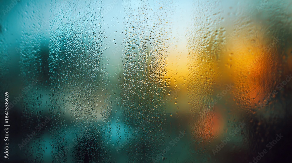 Poster raindrops on glass with abstract blurred background, ideal for weather and texture overlay compositi