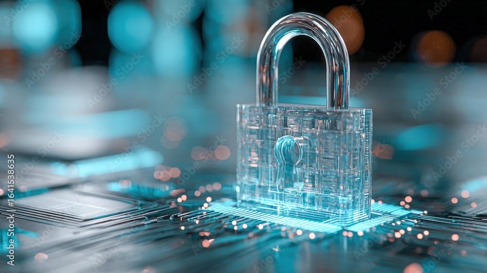 Poster cybersecurity concept: padlock securing data on a circuit board, representing digital safety and inf