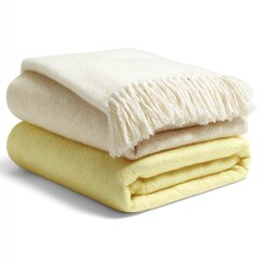 Two stacked throws, cream and yellow, fringed edges