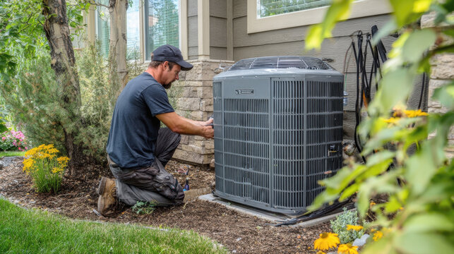 Professional technician is focused on servicing outdoor air conditioning unit at residential home. Man is wearing hat, work clothes, carefully checking system to ensure optimal function and comfort