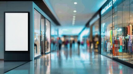 Shopping mall interior with blank advertising display and blurred background, ideal for retail promotions and marketing campaigns