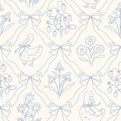 Hand drawn floral ribbon bow seamless lattice pattern with a charming whimsical cottage core design. Soft blue pastel and nostalgic trellis print. Perfect for textiles and romantic vintage decor.