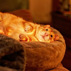 A cozy orange cat lounging on its back in a plush pet bed, basking in warm light.