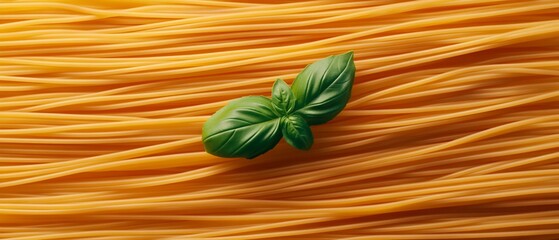 Fresh pasta strands, a single basil leaf sits atop