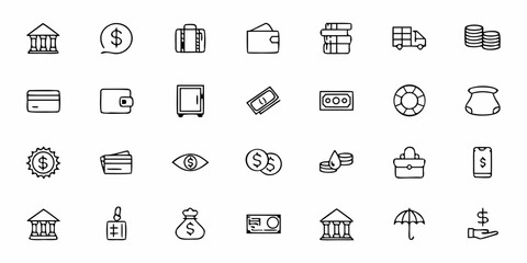 Fototapeta premium Banking and Money Line Art Icons — Minimal Credit Card, Wallet, ATM, Cash, Coins, Safe, and Payment Symbols