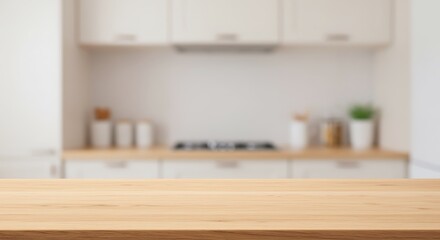 Empty wooden table top in the foreground with a blurred modern kitchen interior in the background, perfect for product display.