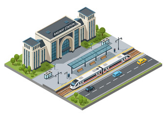 3D isometric illustration of a railway station with a modern building, platforms, a passenger train, cars on a nearby road, and surrounding greenery