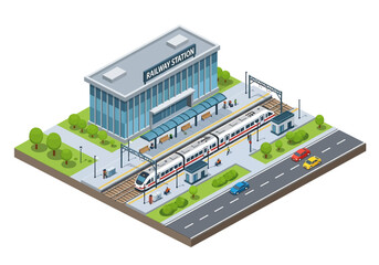 3D isometric illustration of a railway station with a modern building, platforms, a passenger train, cars on a nearby road, and surrounding greenery