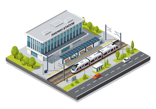3D isometric illustration of a railway station with a modern building, platforms, a passenger train, cars on a nearby road, and surrounding greenery