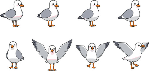 Cute cartoon seagull illustrations, different poses and expressions, flying bird, standing bird, animated sea bird, nature wildlife, ocean bird character, playful and fun design.