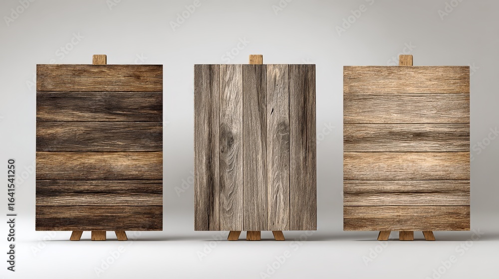 Poster rustic wood sign mockups on easels with three different textures for presentations and displays