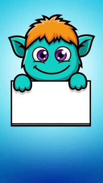 Cute cartoon monster character holding a blank white sign for a custom message or logo Friendly smiling goblin with orange hair peeking over a board 2D animation