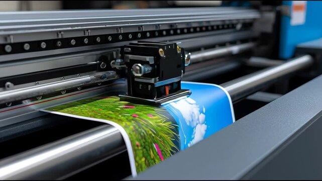 High-quality printing process in a modern print shop shows advanced technology at work creating vibrant images