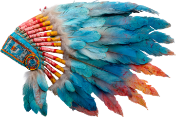 Traditional Native American feather headdress with vibrant blue, red, and yellow feathers, beadwork isolated on transparent background PNG, cultural heritage and ceremonial significance